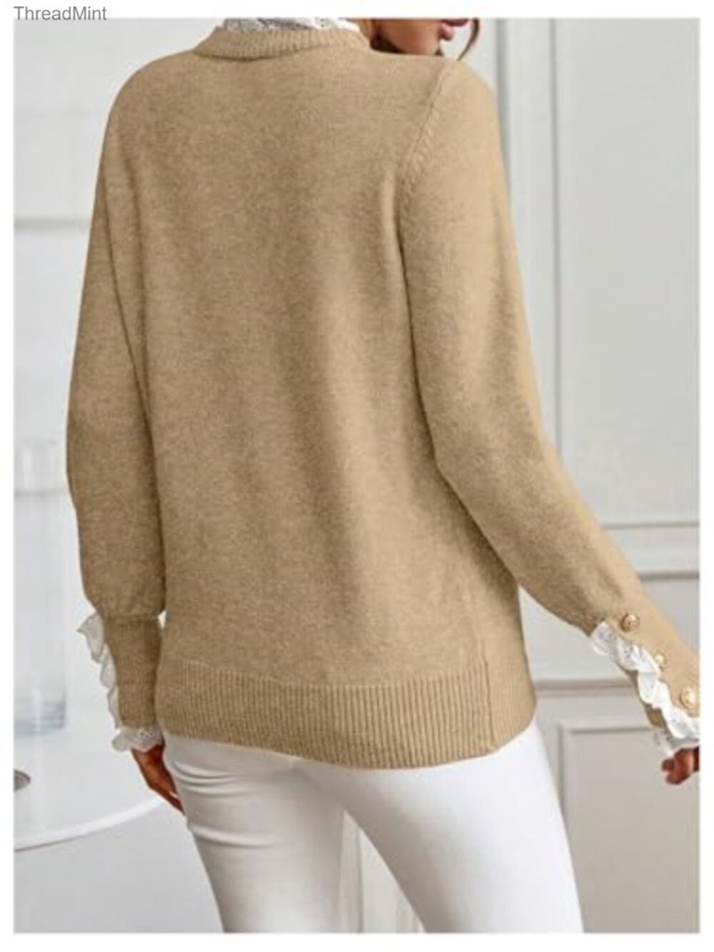 Mock Neck Peplum Lace Sweater Pullover Cozy Knit Tops - Picture 2 of 6